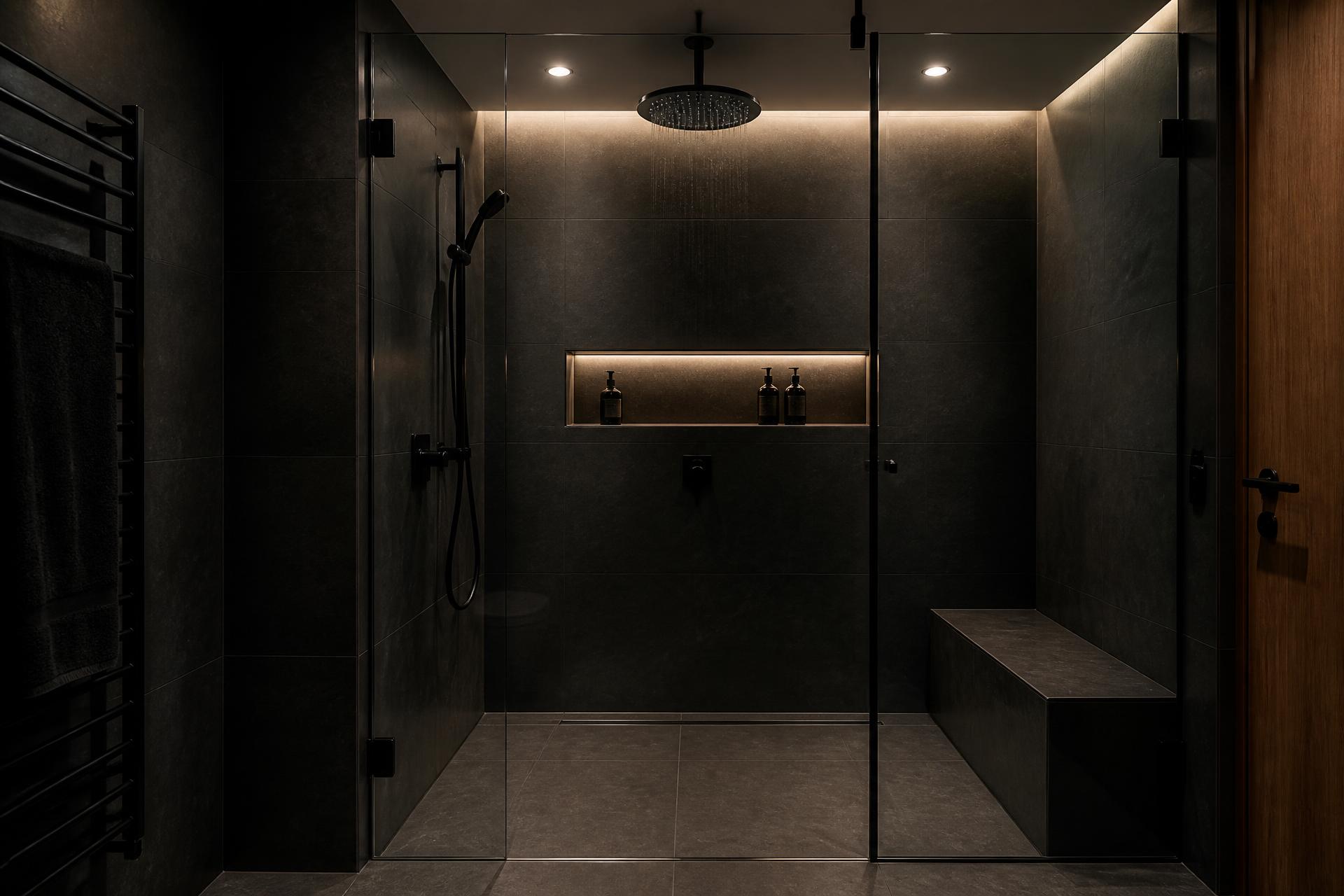 Beautifully restored modern walk-in shower with dark stone tile and spotless grout lines